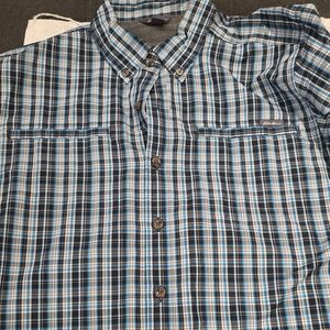Eddie Bauer Men's Blue and Black Checkered Shirt